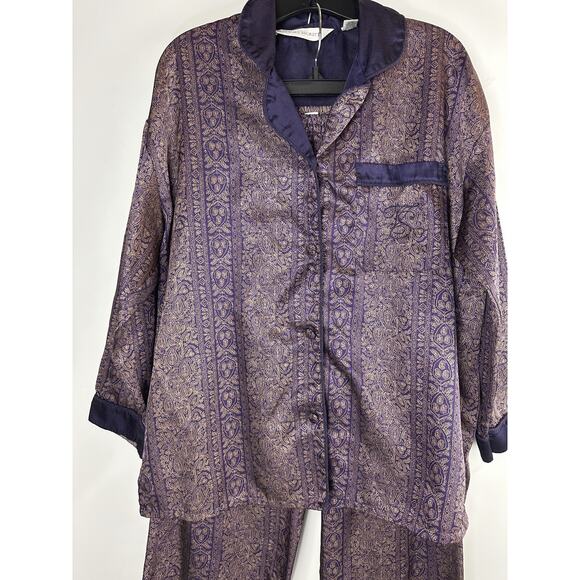 Victoria's Secret Satin-Like Pajama Set Purple Gold Paisley Button Shirt Pants S - Picture 7 of 16